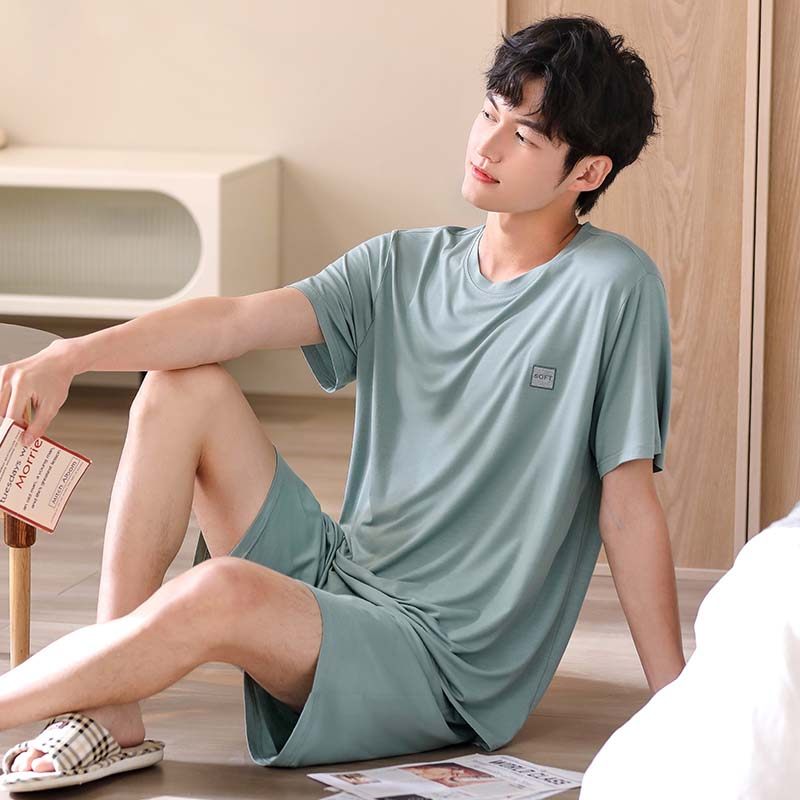 睡衣男款夏季莫代尔短袖圆领薄款可外穿加大码凉感男士家居服套装