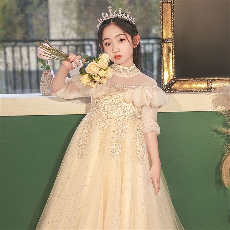 儿童公主裙晚礼服2024新款春款花童婚礼女孩主持人钢琴演奏演出服
