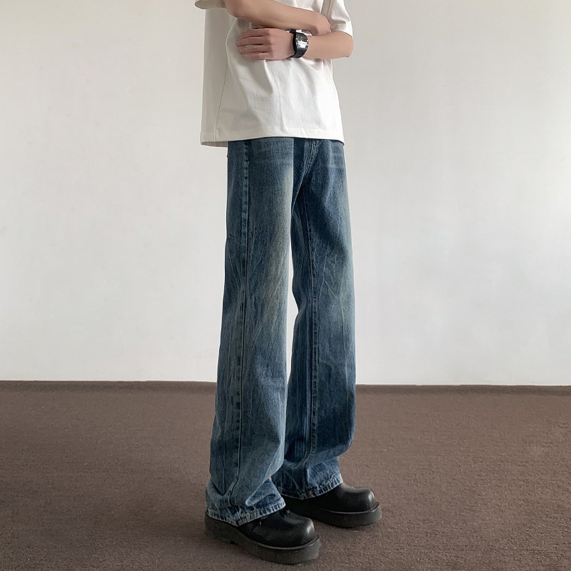 小众高货DF微喇牛仔裤男直筒美式高街vibe闪电纹蓝色cleanfit显瘦