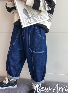 男童牛仔裤一体绒儿童冬季炸街哈伦E裤加绒秋冬中小童休闲宽松裤