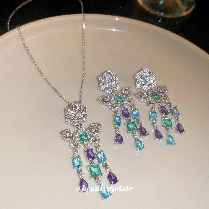 银针锆石玫瑰花朵蝴蝶流苏耳环小众气质I个性耳坠新款潮流设计耳