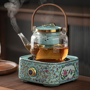 家温煮茶器黑自动全晶炉大容量耐高用蒸煮蒸汽玻璃烧水 煮花茶套装