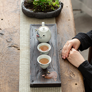 禅意简约小型茶盘家用简易茶台整块黑檀实木彩绘小茶盘干泡台茶席