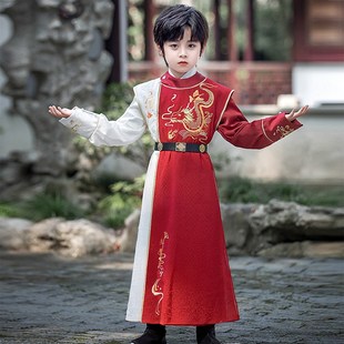儿童汉服春秋长袖男童古装帅气小男孩武侠风演出T服明制圆领袍唐