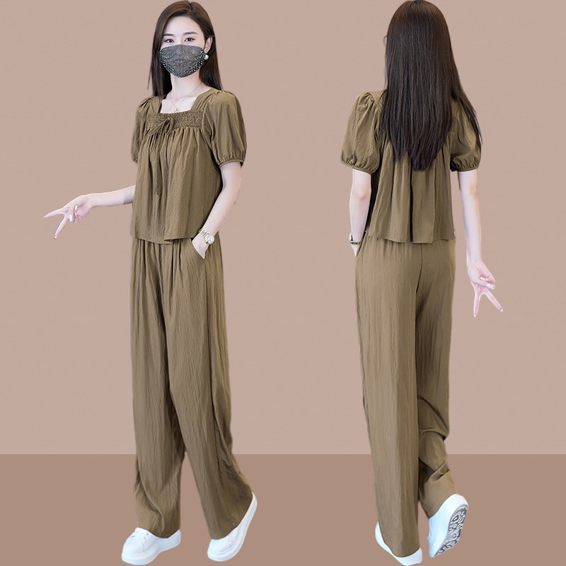 方领阔腿裤套装女2024夏季新款小个子时尚洋气减龄V雪纺宽松两件