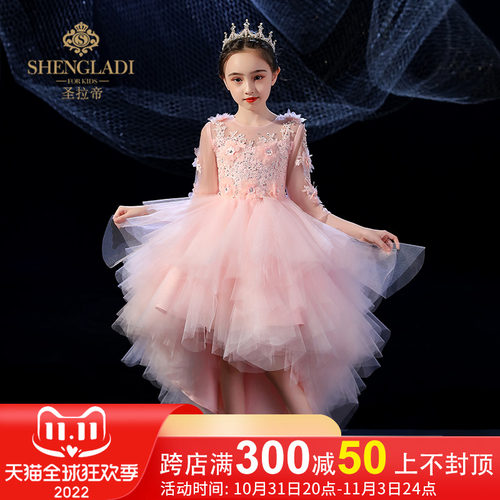 热销花童礼服女儿童粉色公主裙蓬蓬纱女童婚纱婚礼主持人钢琴演出
