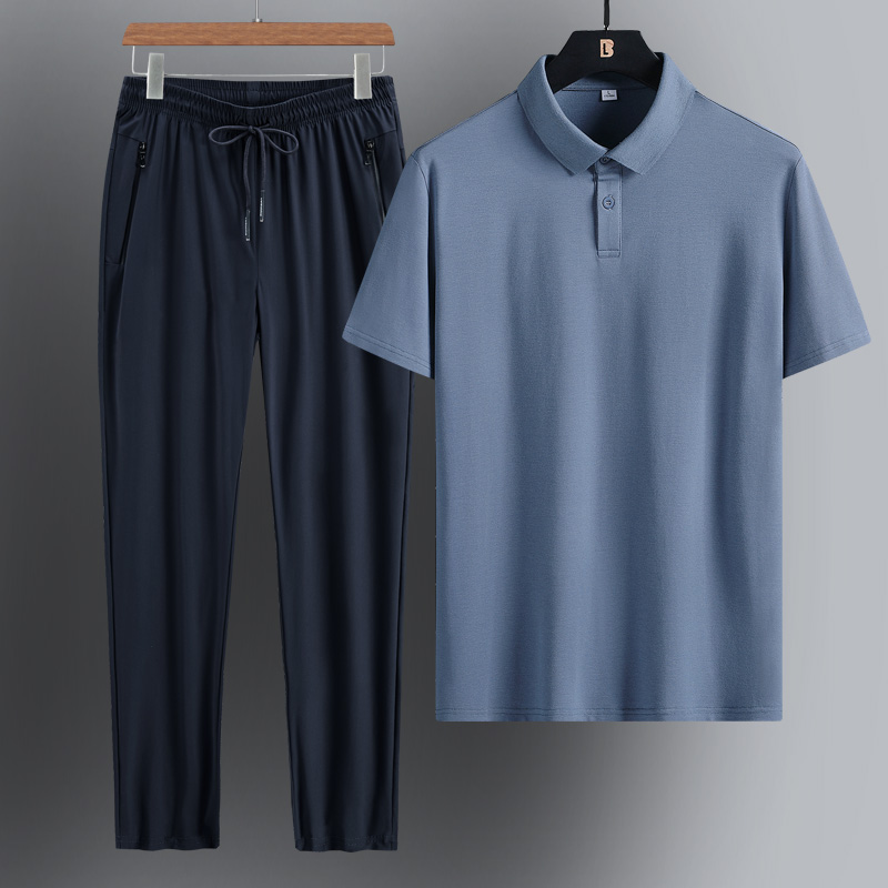 丝滑爸爸装夏装套装短袖T恤中年夏季冰丝裤子薄款衣服中老年男装