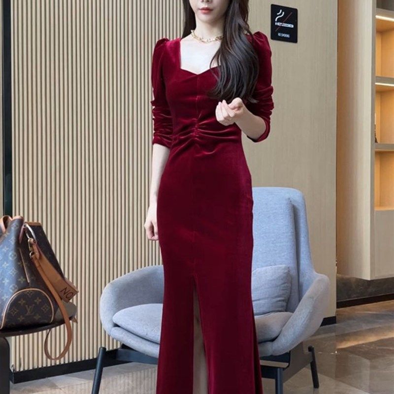 法式气质丝绒洋装秋冬季新款时髦洋派方领高级感显瘦开叉长裙子,女装/女士精品,派克服,淘宝优惠券,粉丝福利购,淘宝优惠卷