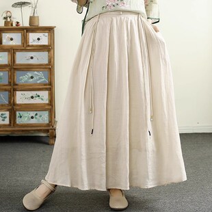 千秋飞燕国风流苏盘扣纯色苎麻半身裙女夏季新款宽松高端气质长裙