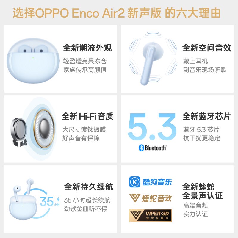OPPO蓝牙耳机EncoAir2新声版半入耳式超长待机降噪运动2023新款