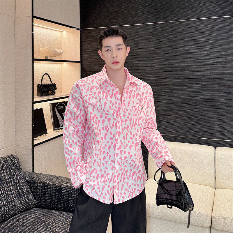 春夏高级感撞色印花衬衫男长袖设计感小众韩版时尚网红休闲衬衣潮