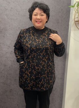 加肥加大胖妈妈加绒保暖烫金上衣女显瘦套头秋冬打底衫外穿中老年