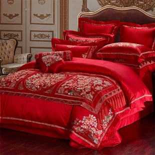 速发家纺 贡缎纯棉1.8m床上用品十二 婚庆红色结婚四件套 欧式