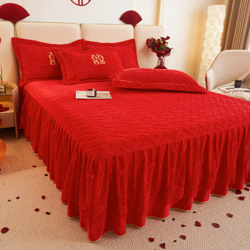 婚庆床裙四件套A类婴儿绒加厚夹棉裙罩红色牛奶绒单被套结婚被罩,床上用品,婚庆床品套件,淘宝优惠券,粉丝福利购,淘宝优惠卷