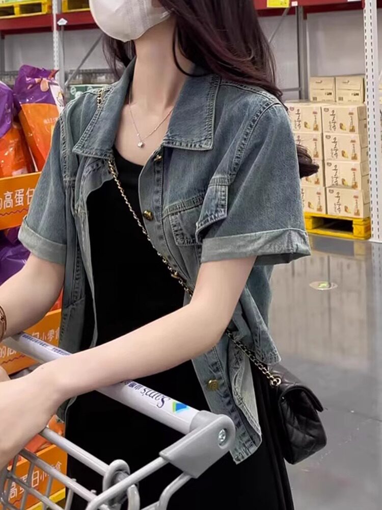短袖牛仔外套女2023新款夏季洋装外搭开衫美式复古薄款显瘦上衣