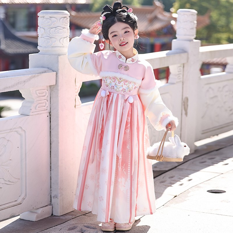 汉服女童冬季加绒加厚超仙襦裙新款小女孩中国风古装连衣裙拜年服