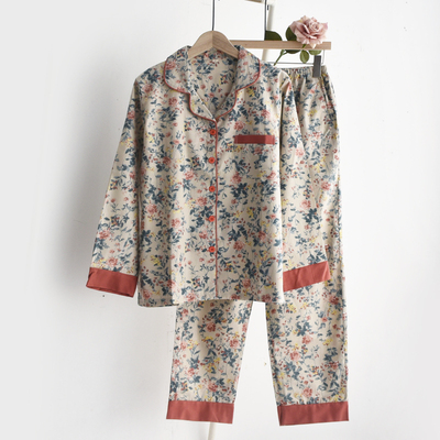 撞色碎花印花睡衣女士春秋夏季棉布薄款宽松长袖家居服套装