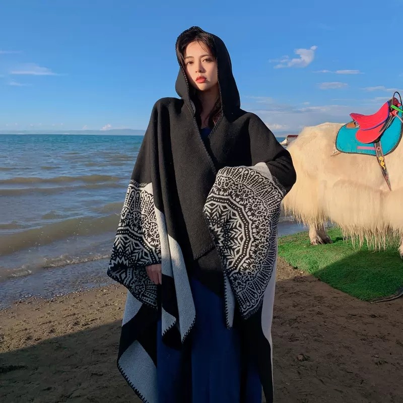 沙漠保暖围巾旅游度假拍照斗篷披肩名族风加厚百搭韩版外搭大披风