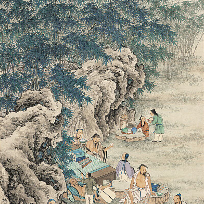 日本夏荆山-045竹林七贤图工笔人物竖幅复制品字画宣纸画装饰画
