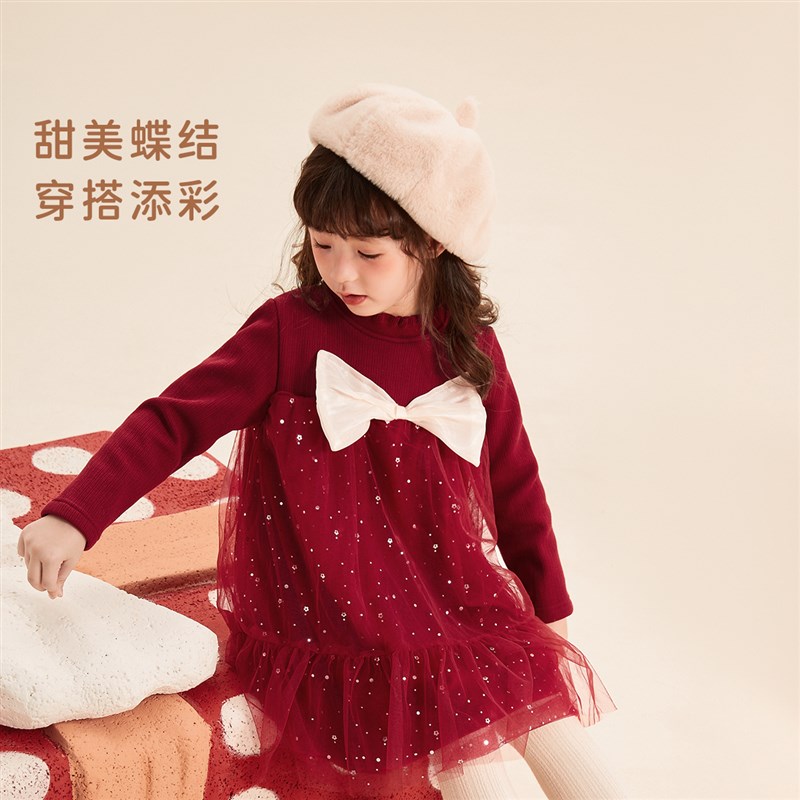 女童秋冬洋装小童秋装纱裙加绒儿童红色公主裙2024宝宝冬季裙子
