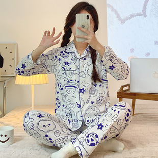 月子服春秋产后孕妇睡衣夏季薄款哺乳产妇蓝兔3月份4喂奶出院