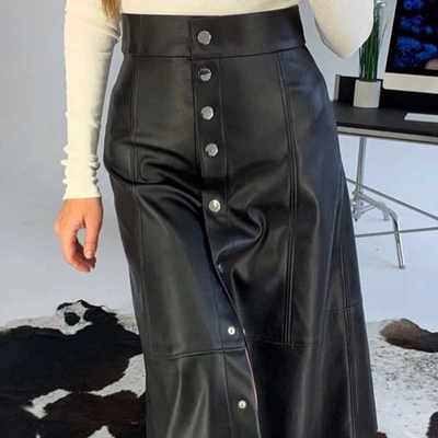 速发Pu Leather Rivets Buttons Midi Skirt Women High Waist Ca