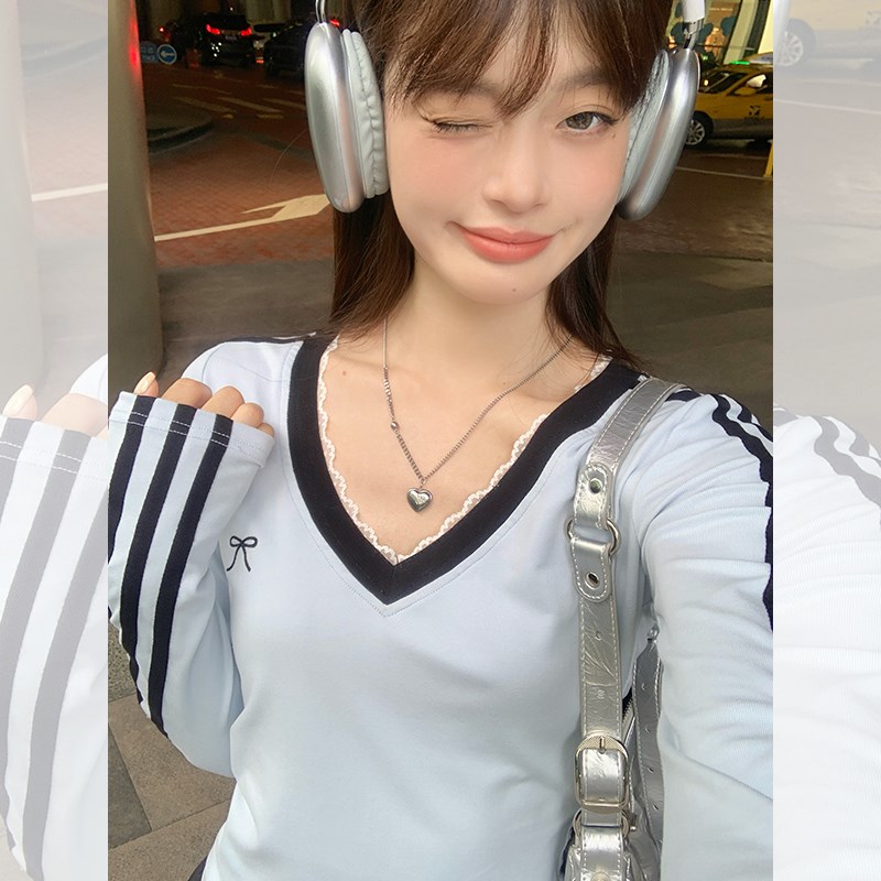 现货宋正恩蕾丝蝴蝶结蓝色正肩V领条纹长袖t恤女秋季修身短款显瘦