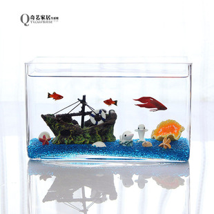 奇艺家居玻璃长方形孔雀鱼缸斗鱼缸一次成型水族箱小型一体缸 新品