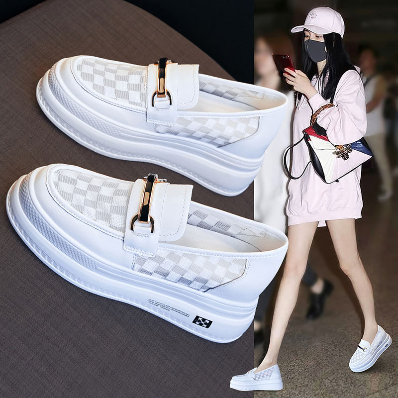 Mostarsea 透气不闷脚~ 网面厚底小白鞋女夏季薄款一脚蹬乐福女鞋