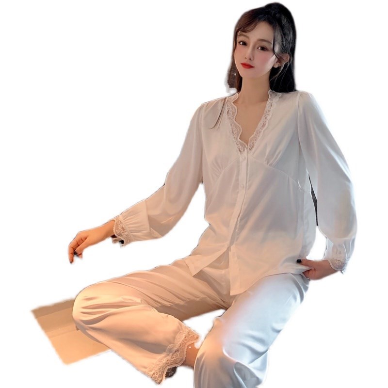 很仙的春秋季法式宫廷泡泡袖冰丝睡衣女蕾丝套装甜美丝绸家居服薄