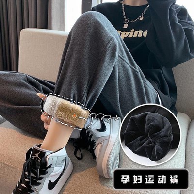 孕妇裤秋冬加绒加厚外穿宽松女2021新H款大码冬季托腹裤子保暖棉