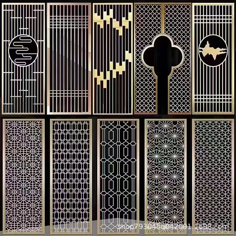 新中式轻奢c不锈钢屏风隔断客厅室外庭院假山背景墙花格镂空格栅