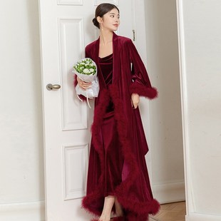 睡袍套装 羽毛婚礼晨袍加长款 丝绒新娘复古晨袍酒红法式 秋冬款