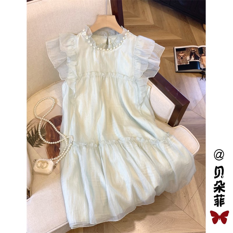 现货法式荷叶边小飞袖连衣裙女超仙气质雪纺仙女裙2024新款夏季娃