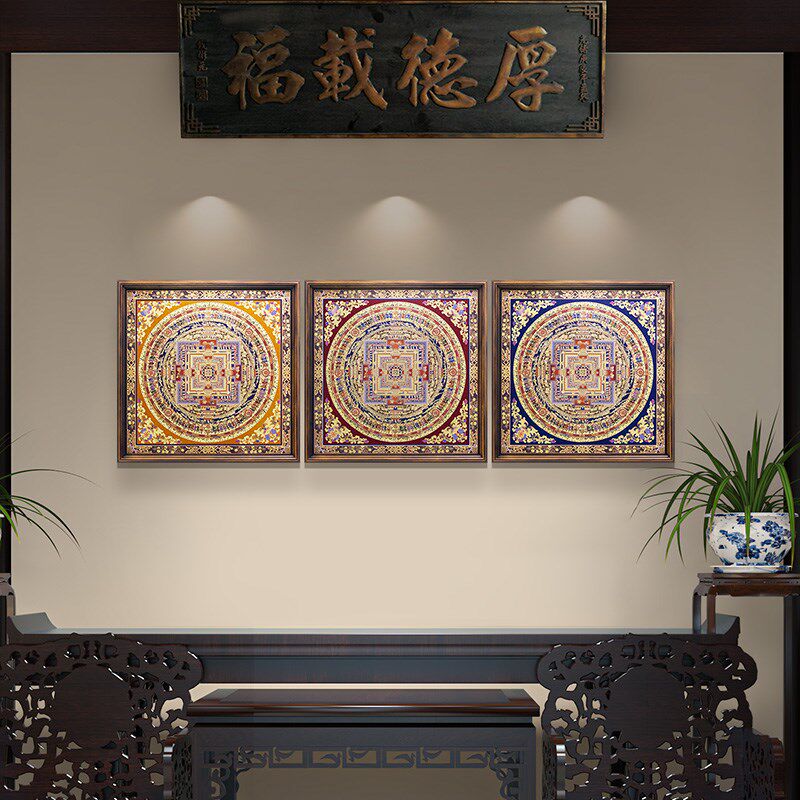 时轮金刚坛城藏传唐卡挂画中式装饰画客厅铜画手工玄关艺术品挂件