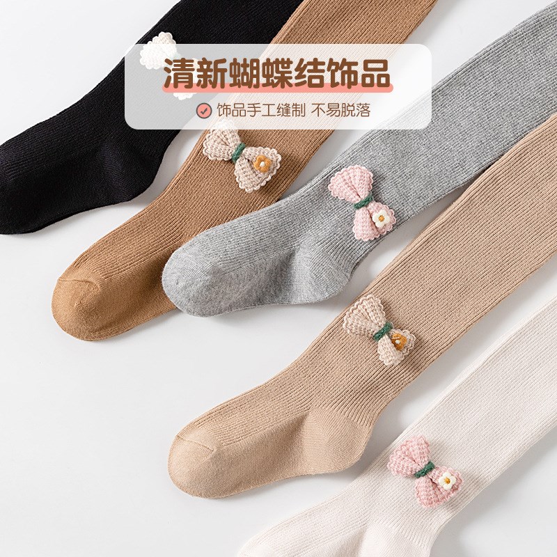 新品儿童连裤袜春秋纯棉女童打底裤灰色外穿宝宝连体袜蝴蝶结韩版