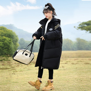 黑色加厚外套大童冬款 女孩初中 兒童洋w派長版 女童羽絨服2023新款