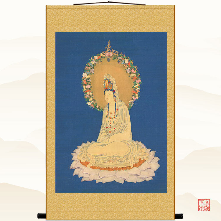 观音菩萨复古佛像画  清代丁观鹏佛堂装饰画 绢布卷轴挂画丝绸画