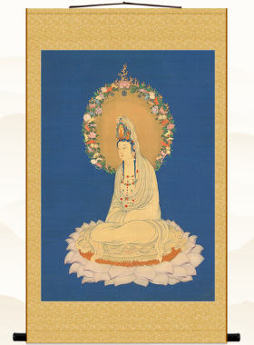 观音菩萨复古佛像画  清代丁观鹏佛堂装饰画 绢布卷轴挂画丝绸画