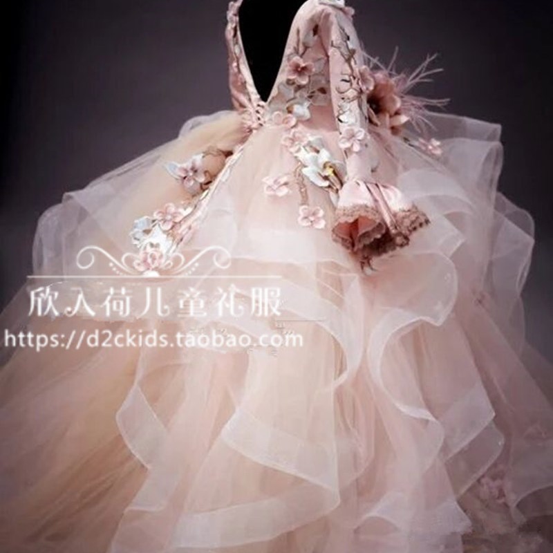 儿童走秀礼服女童公主裙小女孩模特演出服蓬蓬粉香槟色中学生礼服