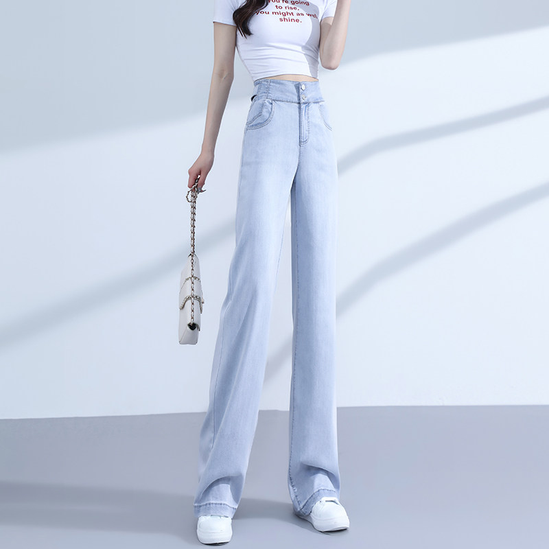 现货浅色天丝牛仔裤女夏薄款高腰垂感宽松直筒大码显瘦2021新款阔