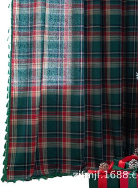 亚马逊跨境美式窗帘绿色格子色织成品厨房帘半遮S光装饰帘短帘