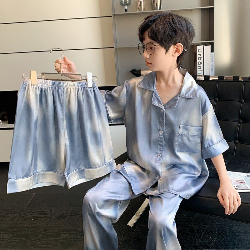 男大童儿童冰丝睡衣三件套洋气扎染夏季薄款男童家居服开衫空调服