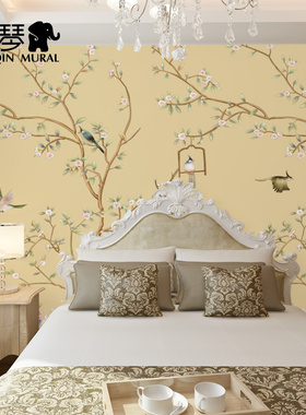 新中式花鸟壁画客厅卧室壁纸紫色蓝色红色绿色明T黄背景墙美式墙