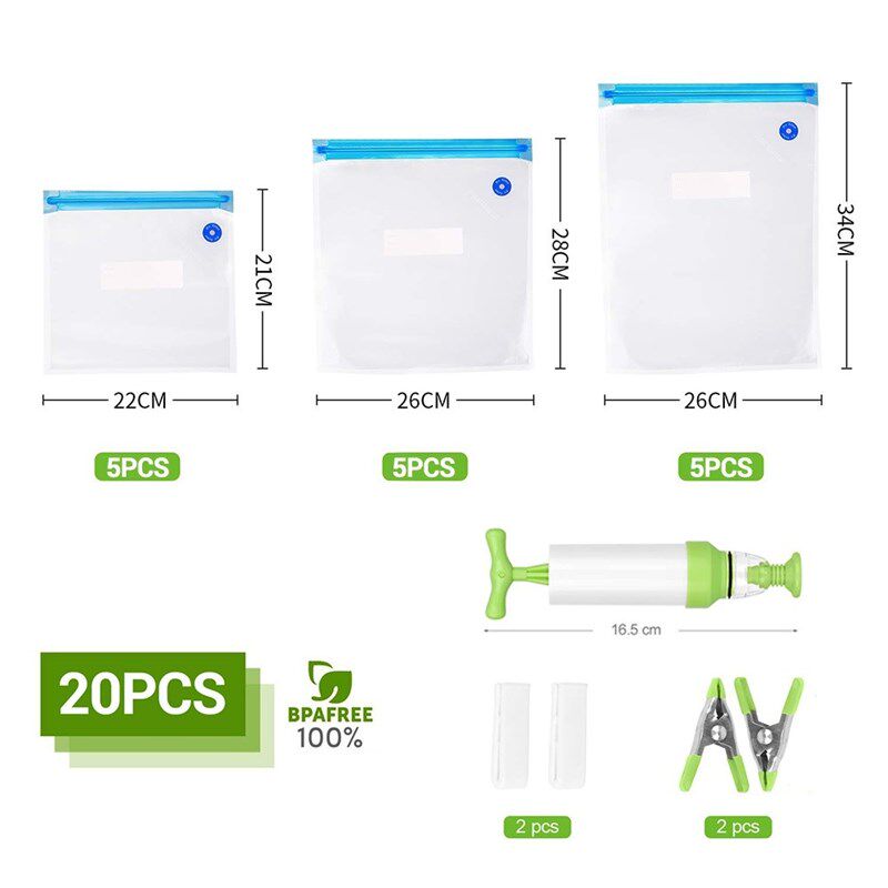 20/17Pcs Bag Kits Reusable Food Storage Vacuum Seal Bags Wit