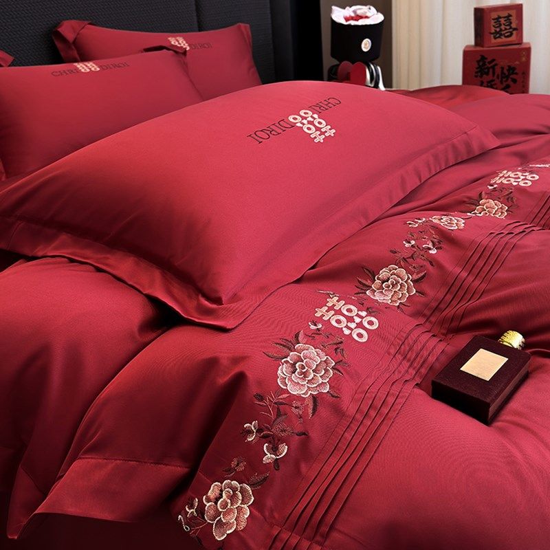 高级感中式红色四件套结婚被套床单简约喜被婚嫁新婚床上用品,床上用品,婚庆床品套件,淘宝优惠券,粉丝福利购,淘宝优惠卷