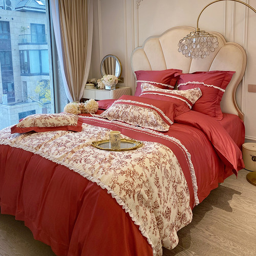 欧式轻奢珍珠花边结婚庆全棉四件套100S纯棉红陪嫁娶床上被套床单