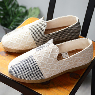 夏天新款民族风亚麻鞋子男生帆布鞋拼接一脚蹬透气懒人汉服布鞋男