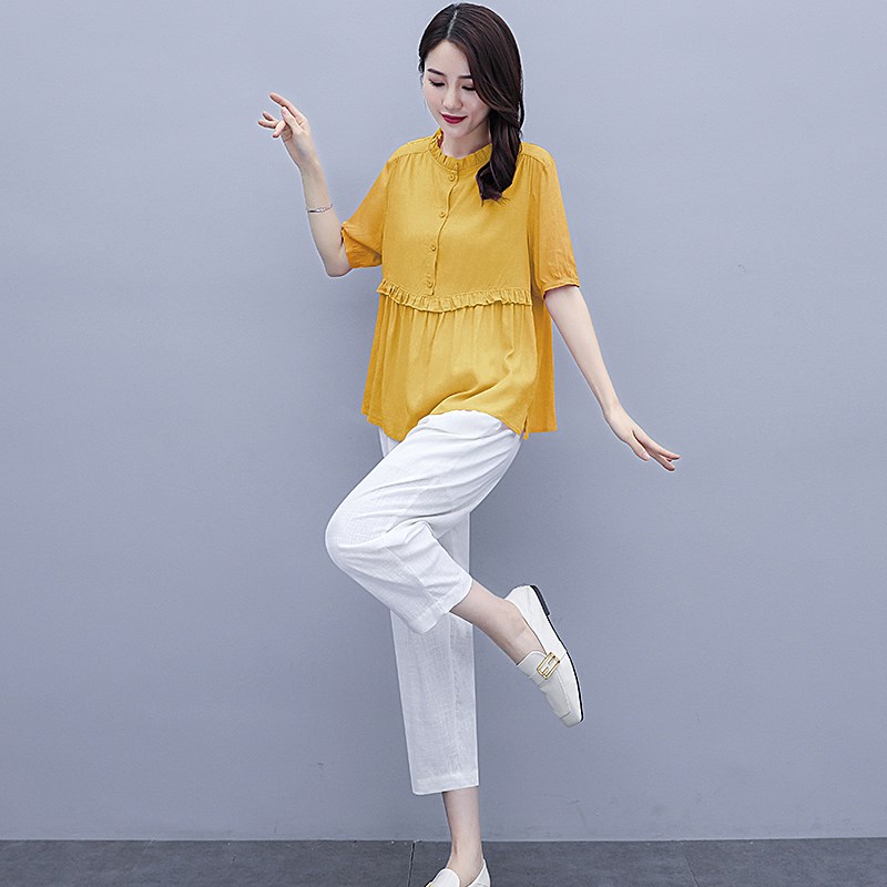 休闲时尚棉麻套装女2021年新款夏季洋气显瘦上衣裤子亚麻两件套潮