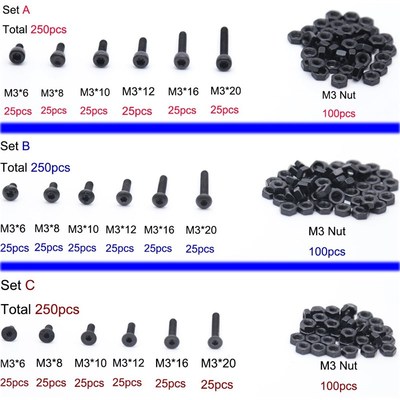 250Pcs/set M3 Hex Socket Screws Bolt Hex Nuts Kit Set Assort